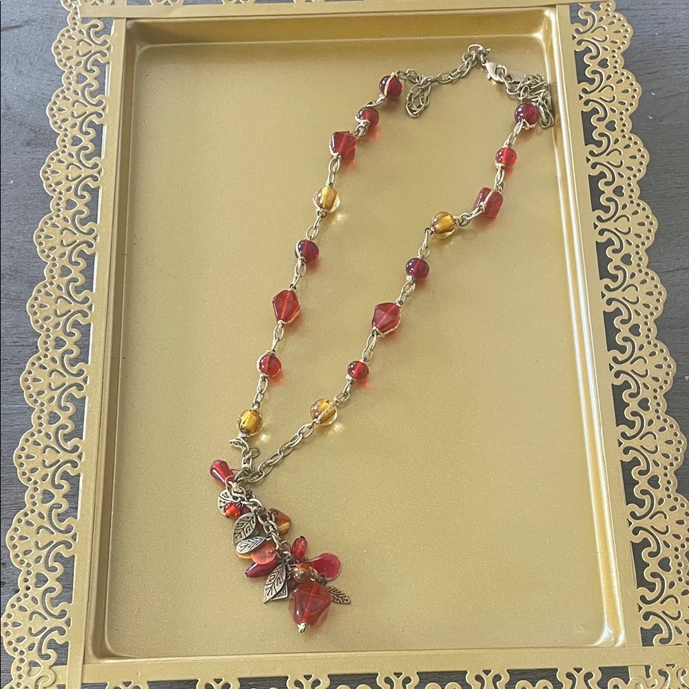 Coldwater Creek Red & Yellow Beaded Gold Tone Statement Necklace